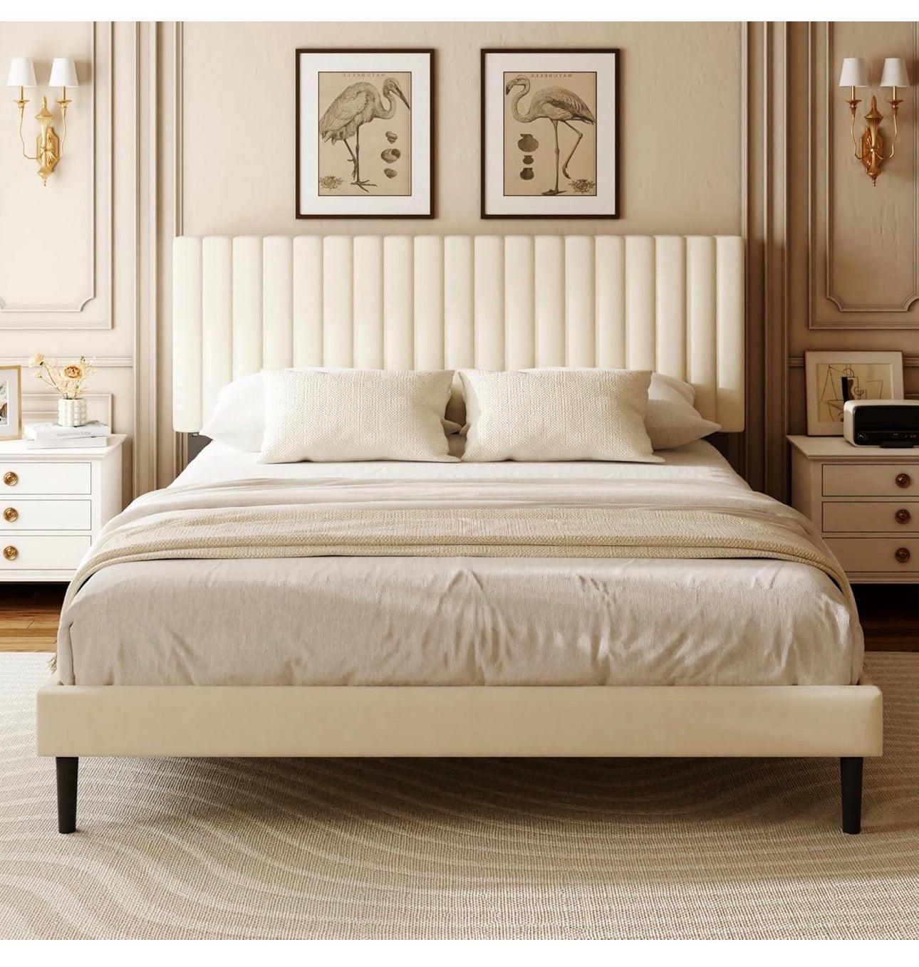 Double Bed Frame with Velvet Upholstered Headboard, King Bed Frame