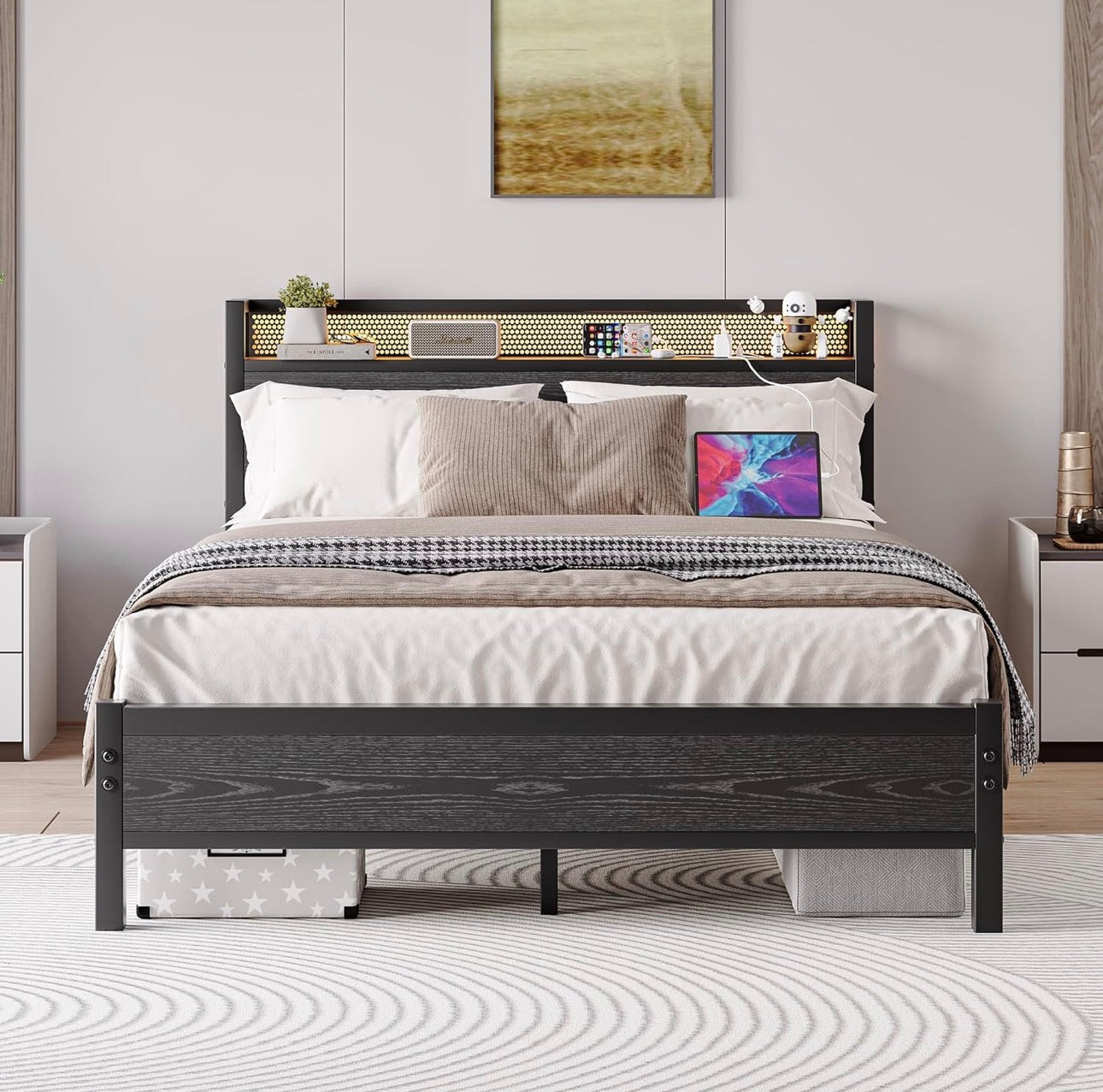 Double Bed Frame with LED Lights Storage Headboard,4ft6 Metal Bed Frame Double Bed with Charging Station