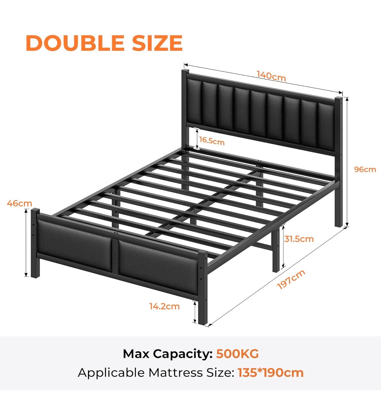 Double Bed Frame with Upholstered Headboard, 4ft6 Metal Beds with Heavy Duty Steel Slats Support Platform, Black Double Bed with Storage, Noise Free, Easy Assembly, No Box Spring Needed