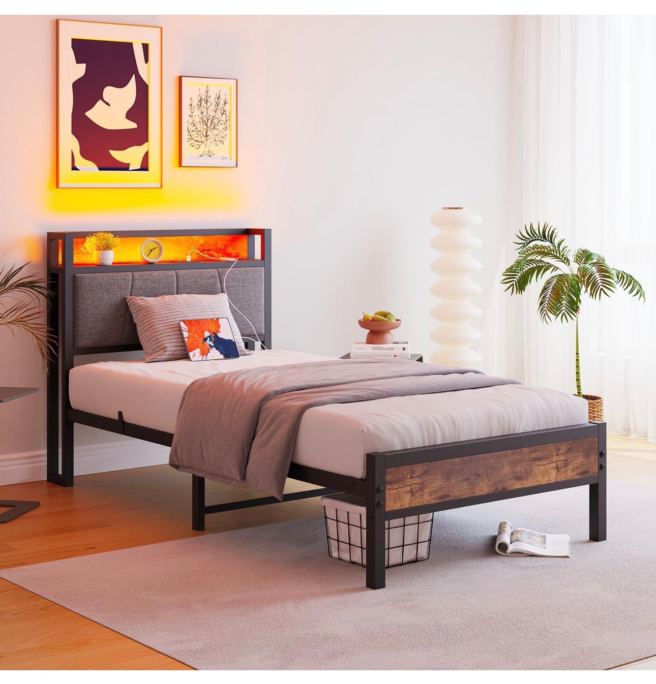 3ft Single Bed Frame with Storage Headboard,LED Lights Brown