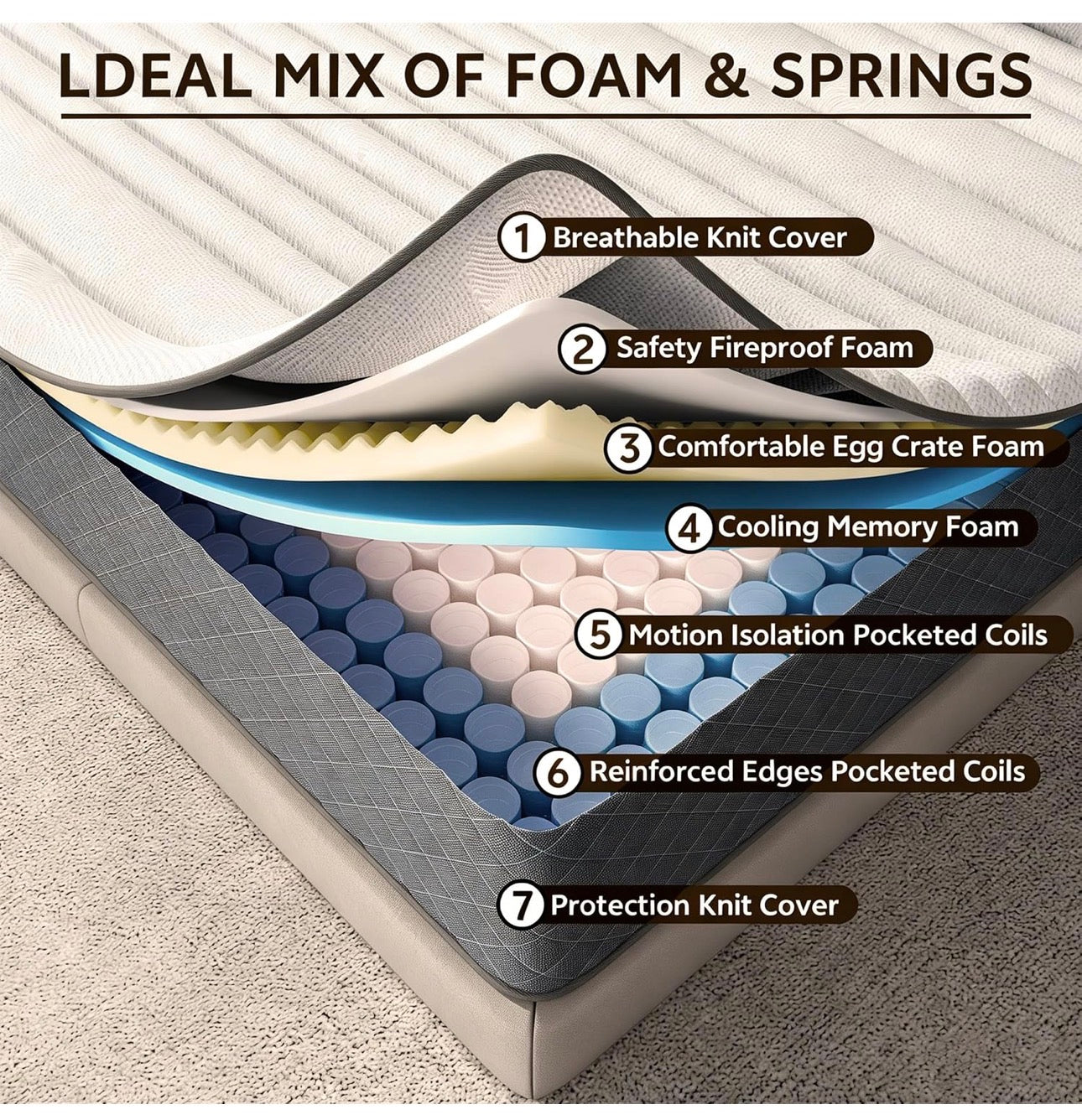 12 Inch King Size Mattress Medium Firm, OEKO-TEX Certified Hybrid King Bed Mattresses, 7-Zone Memory Foam Mattress with Pocket Sprung for Body Support & Pressure Relief - 150x200x30cm