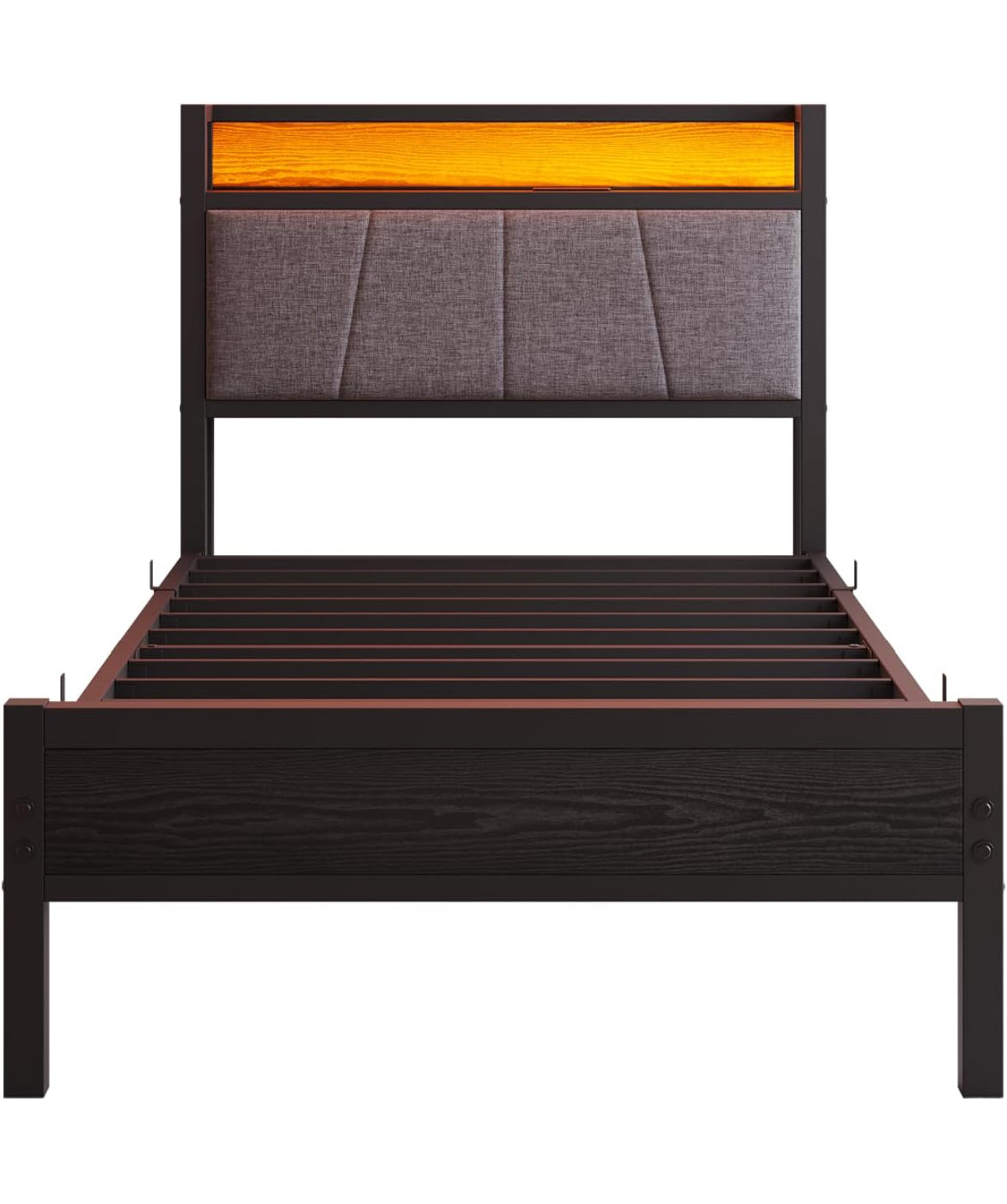 3ft Single Bed Frame with Storage Headboard,LED Lights,Metal Upholstered Platform Bed Frame with Charging Station