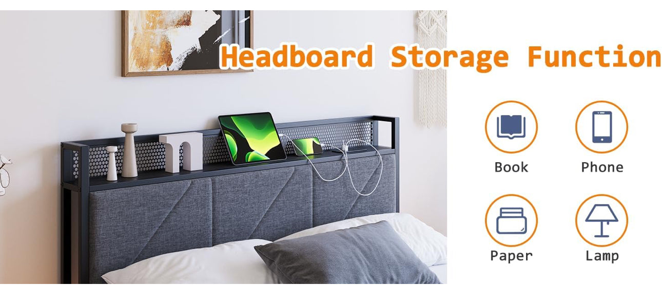 Floating Double Bed Frame with LED Lights & USB Charging Station, 135x190cm