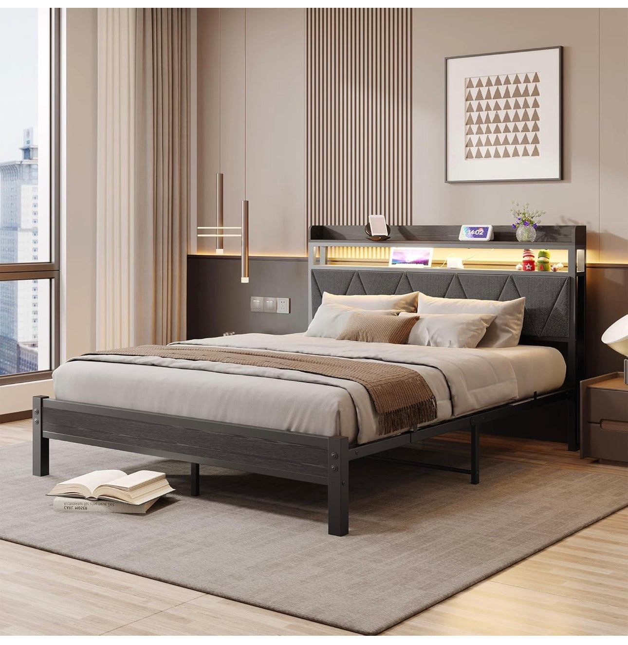 King Size Bed Frames with 5ft Upholstered Wooden Two-shelf Storage Headboard, Charging Station,LED Lights, 150x200 cm Heavy Duty Metal Platform Bed Kingsize,No Box Spring Needed,Grey