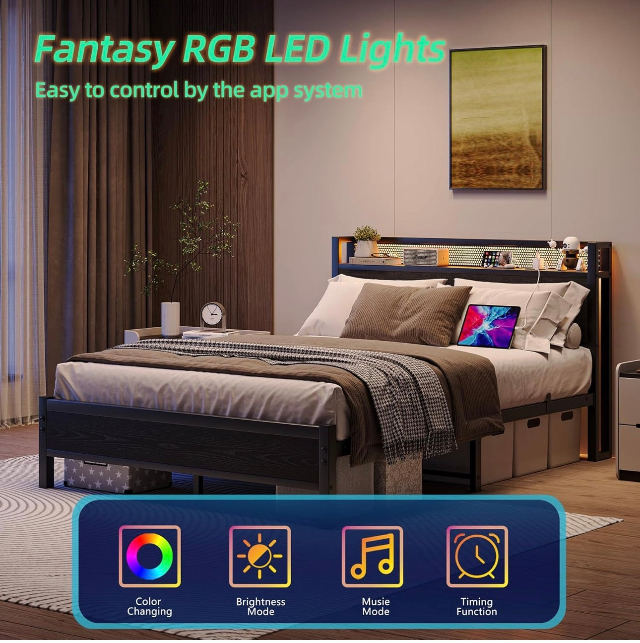Double Bed Frame with LED Lights Storage Headboard,4ft6 Metal Bed Frame Double Bed with Charging Station