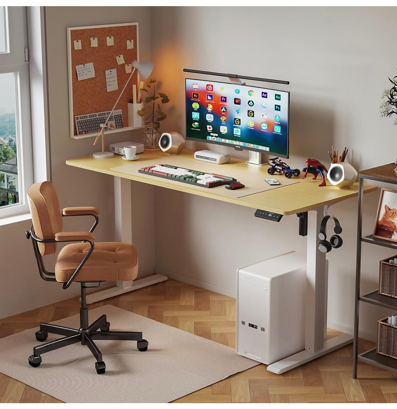 120 x 60 cm Standing Desk, Electric Height Adjustable Desk with 2 Hooks, Computer Desk with 4 Memory Heights and Splice Board, Ergonomic Sit Stand Table for Home Office, Oak