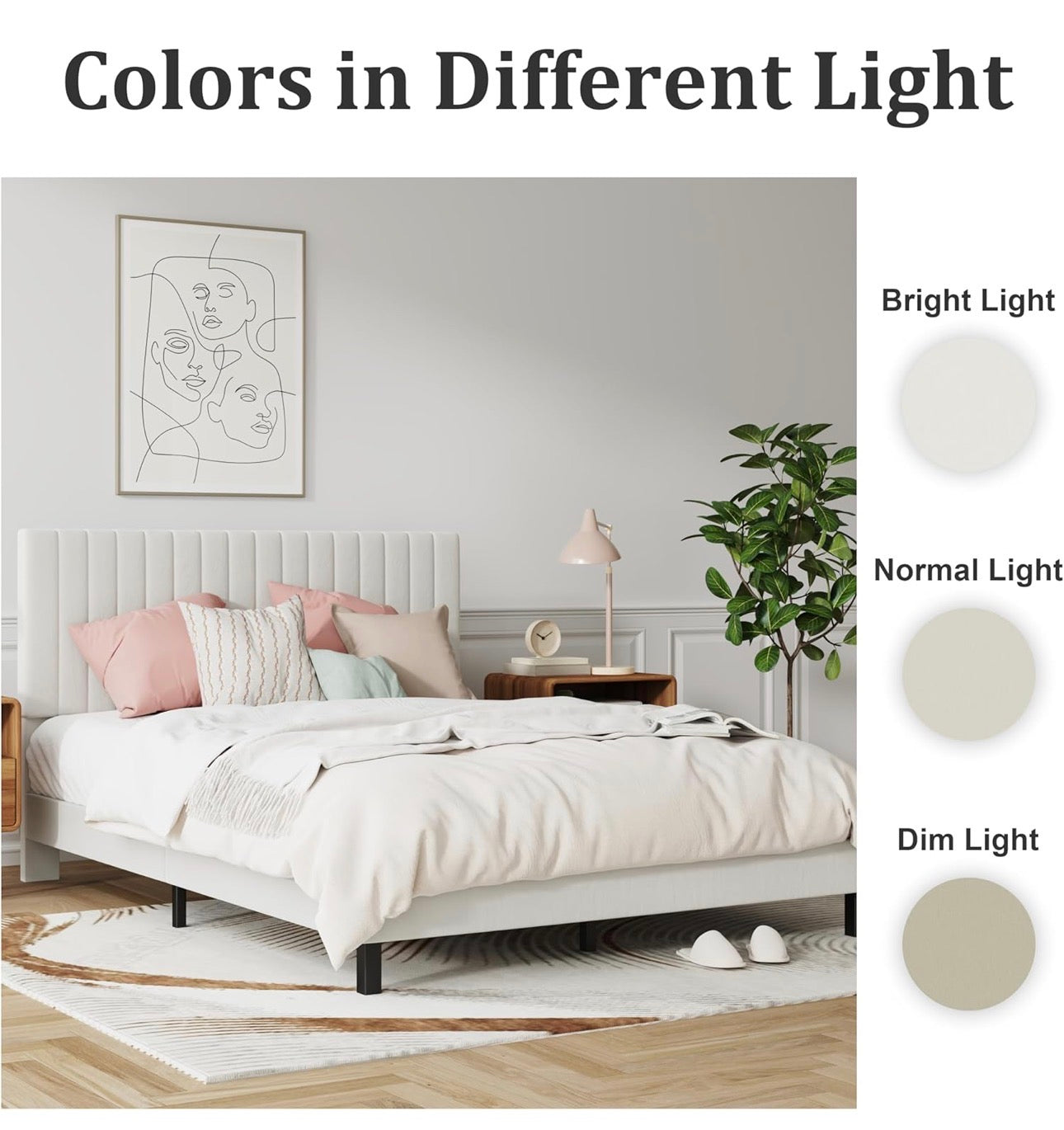 4ft6 Double Bed Frame, Upholstered Platform Bed with Adjustable Velvet Headboard, Sturdy Wooden Slats, Silent Design, No Spring Mattress Required, Easy Assembly （Beige,Double）