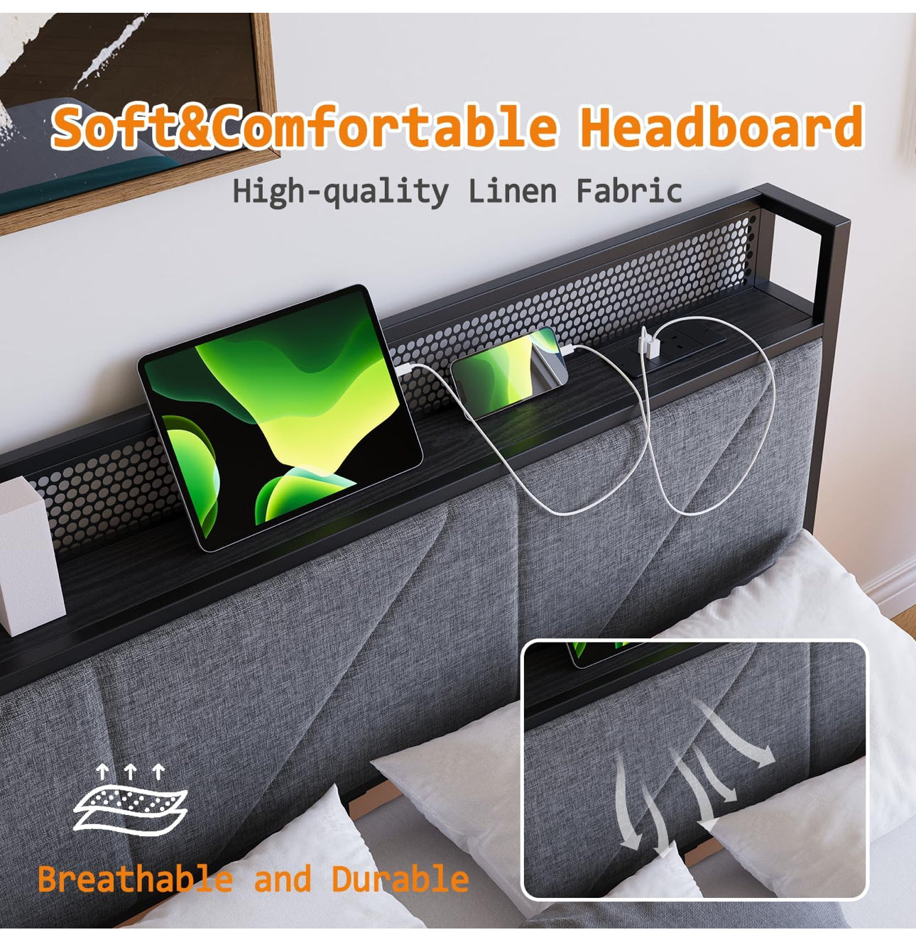 Floating Double Bed Frame with LED Lights & USB Charging Station, 135x190cm