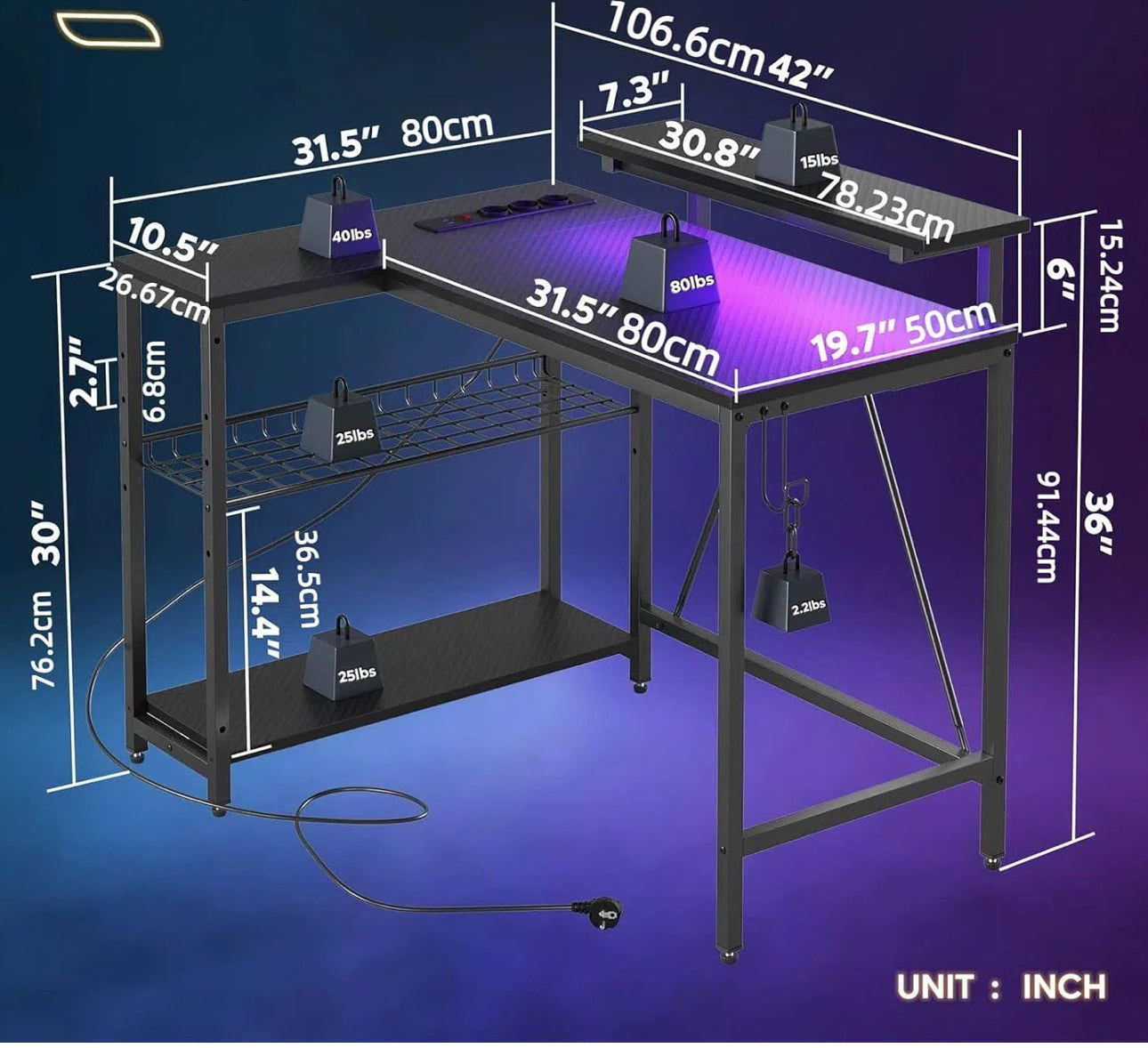 106.5CM L-Shaped Gaming Desk with RGB LED Lights