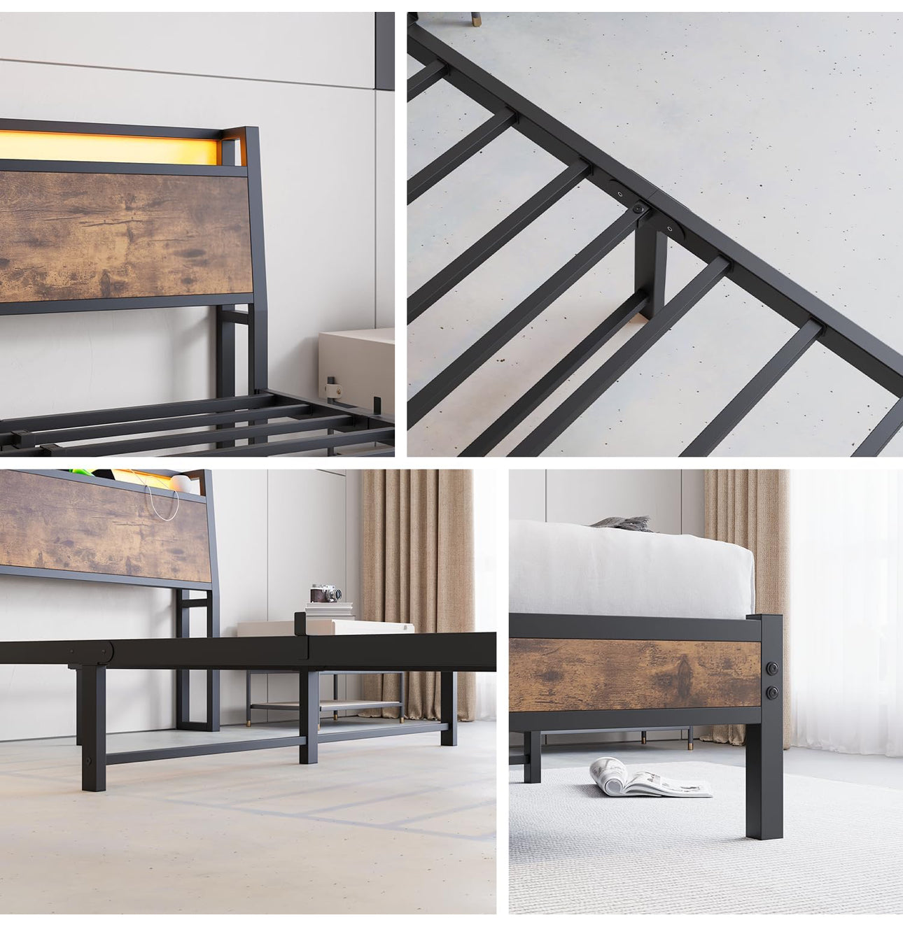 King Size Bed Frame with Charging Station and LED Lights