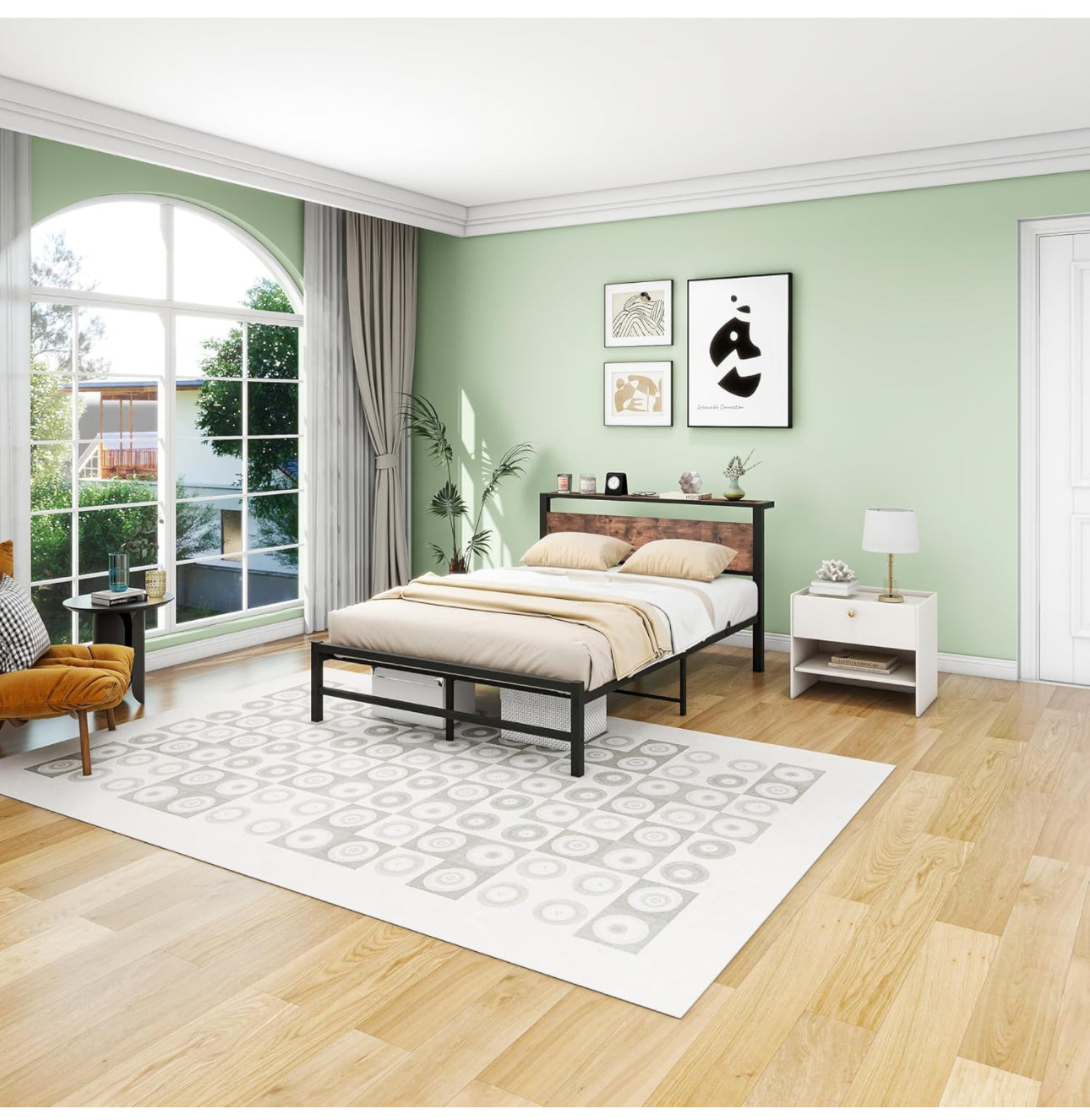 Double Bed Frame with Wood Storage Headboard