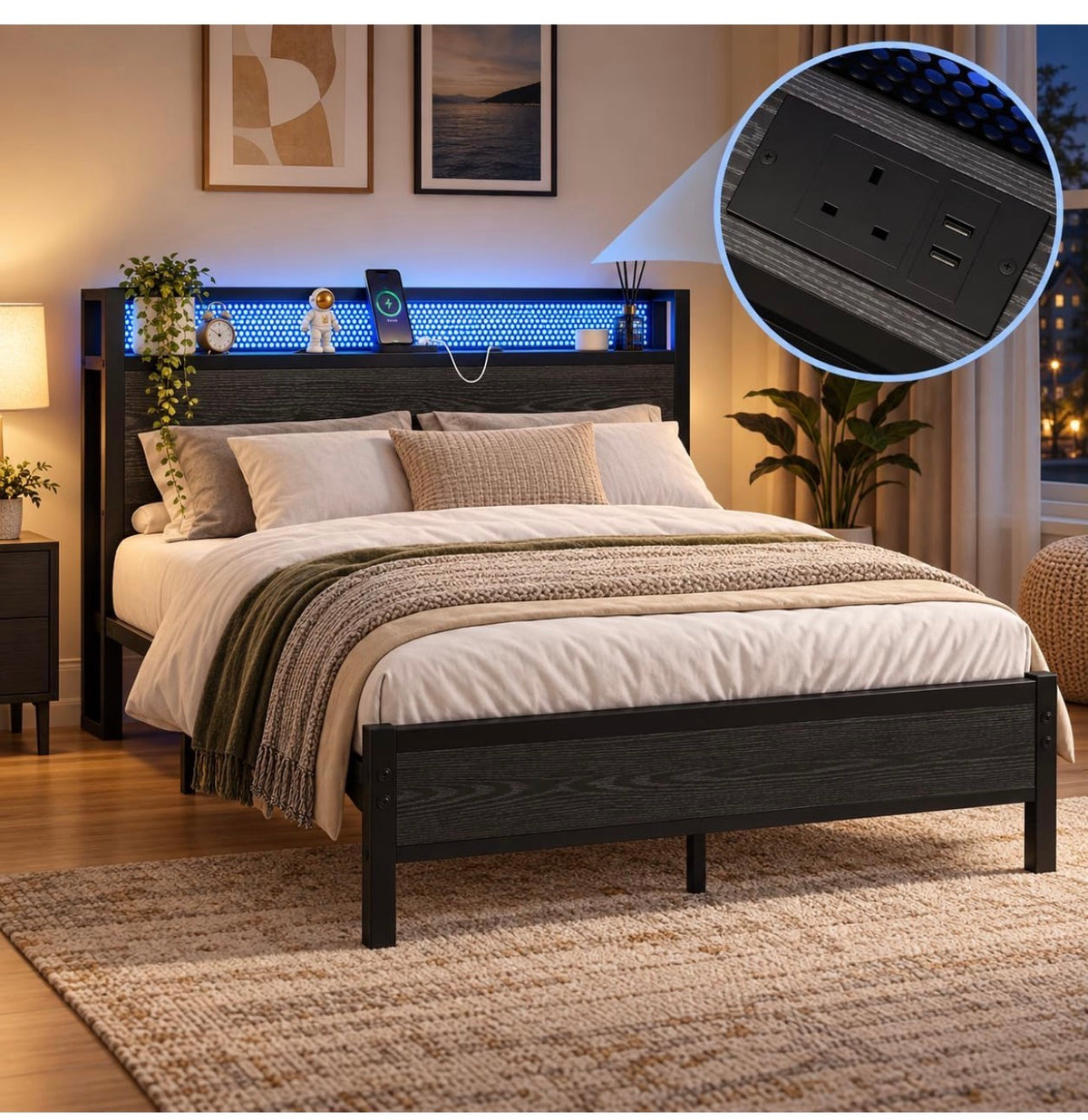 Double Bed Frame with LED Lights Storage Headboard,4ft6 Metal Bed Frame Double Bed with Charging Station,Strong Steel Slats Support,Underbed Storage,Noise Free,Black Bed 135x190cm