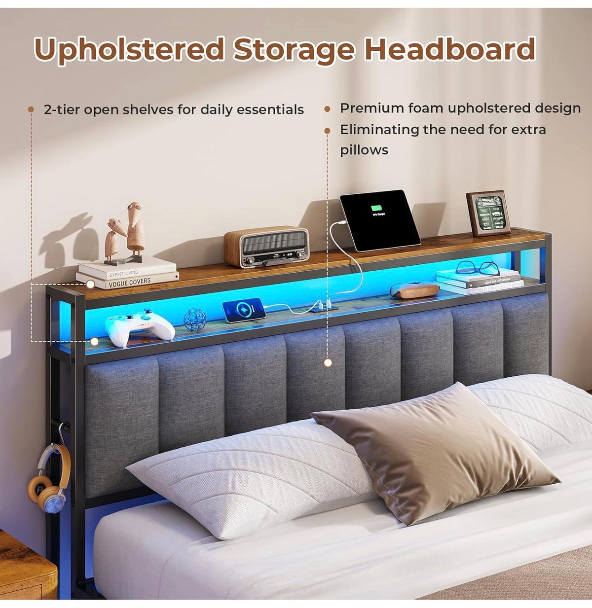 Double Bed Frame 135x190 cm with Floating Visual Effect, 4ft6 Metal Bed Frame with Adjustable LED Lighting and Charging Station, Double Bed with Headboard, Dark Grey (Mattress Not Included)