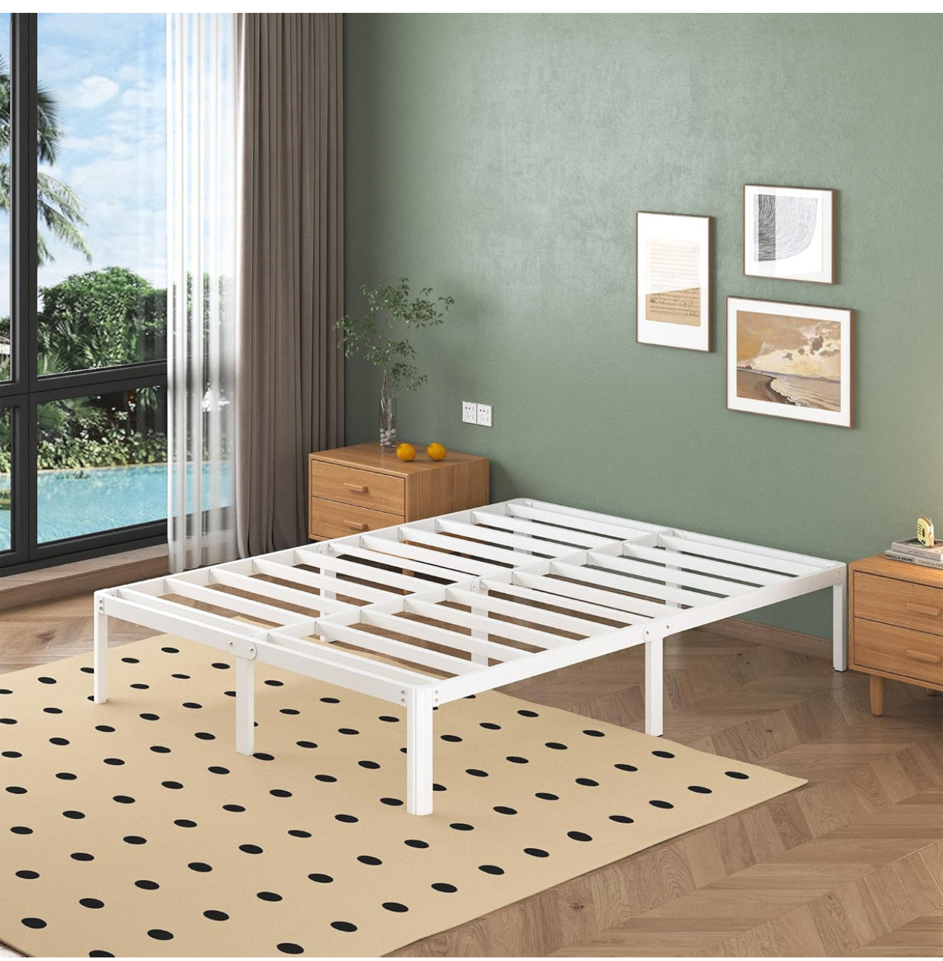 White Double Bed Frame 30.5 cm High with Rounded Corner Legs, 4ft 6 Heavy Duty Metal Bed Frame