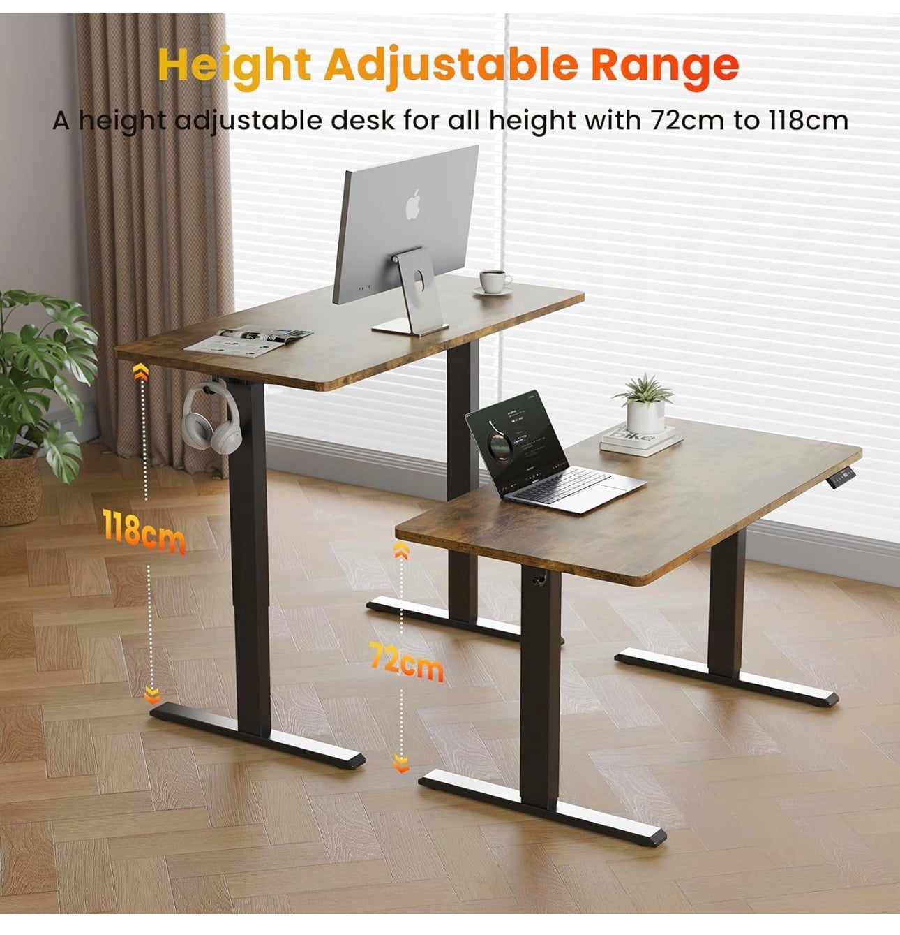 120 x 60 cm Standing Desk, Electric Height Adjustable Desk with 2 Hooks