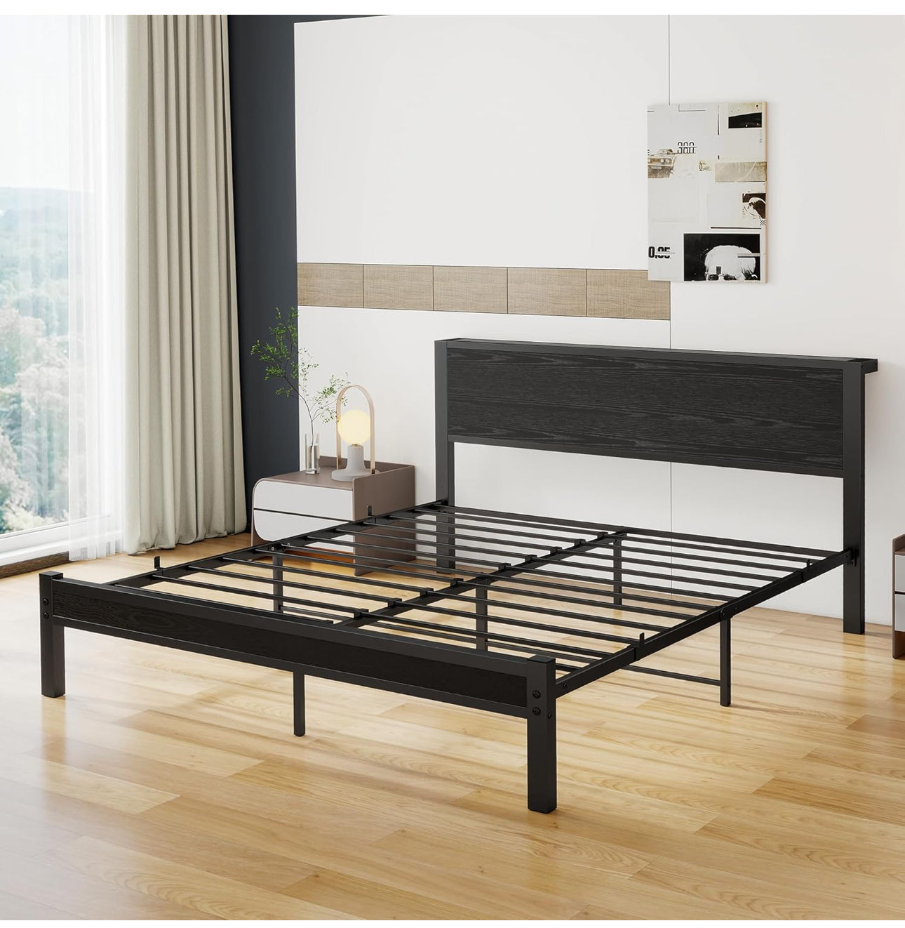King Size Bed Frame with Storage Wooden Headboard