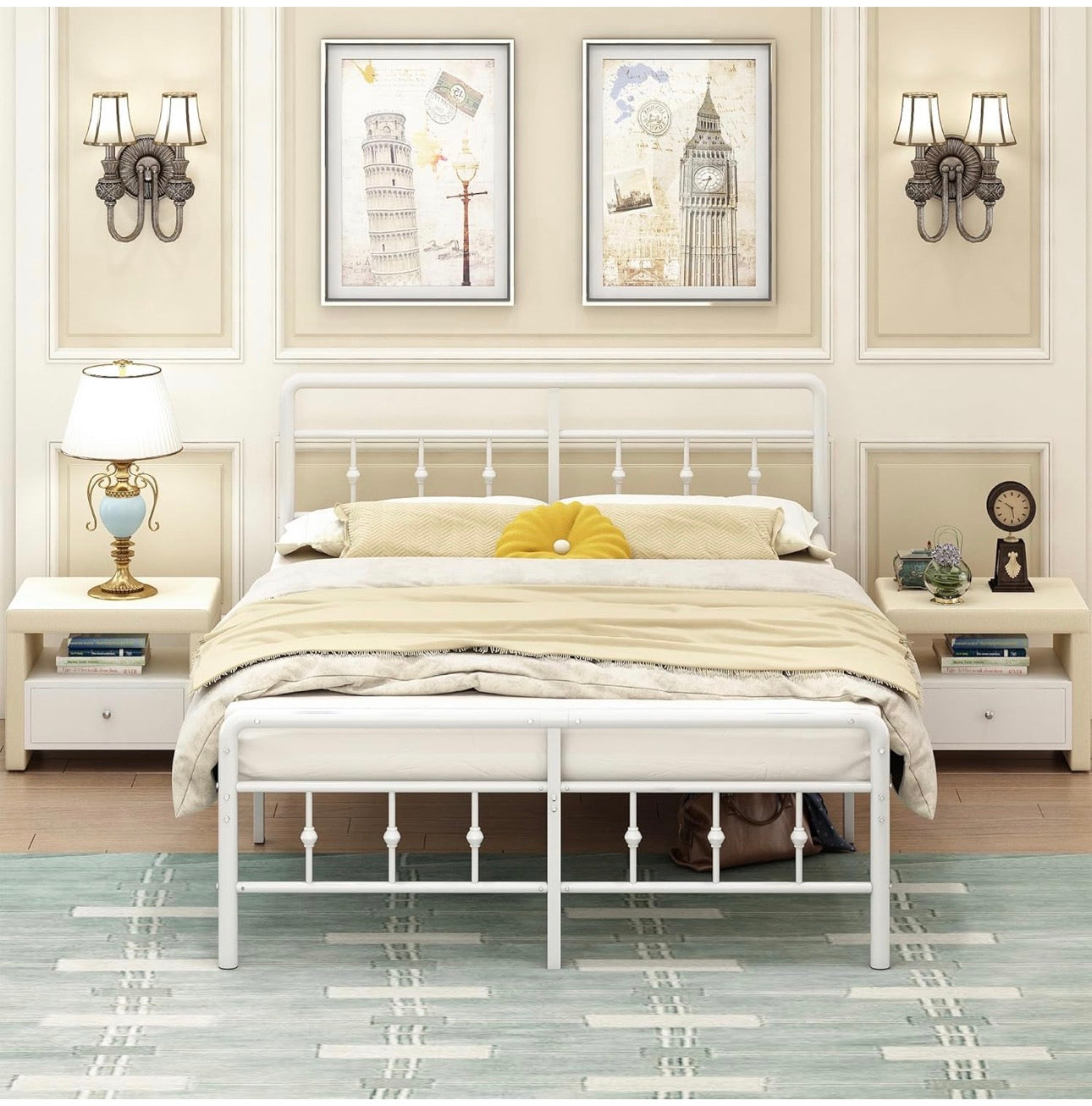 4ft6 Double Bed Frame with Headboard and Footboard, Metal Double Bed Frame Under Bed Storage 36cm