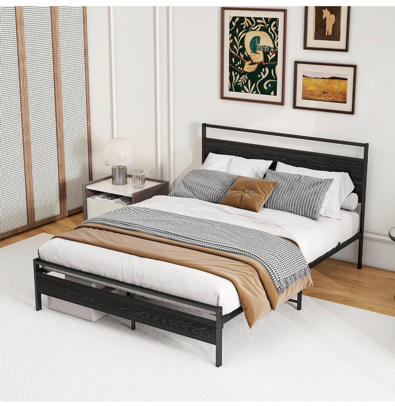 King Size Bed Frame with Wooden Headboard, Metal Bed Frame King size Bed Base/Mattress Foundation,Metal Slat Support Noise Free,Textured Black