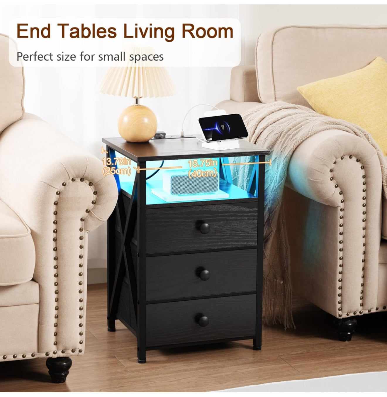 Bedside Table Set of 2 with Charging Station Black