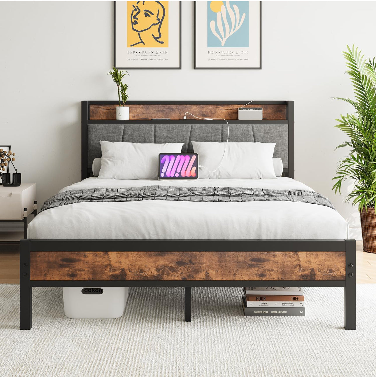King Size Bed Frame with Storage,5ft Metal Platform Bed Frame Kingsize Bed Base with Charging Station