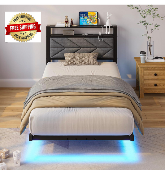 3ft Floating Single Bed Frame Upholstered Platform Bed with Storage Shelf Headboard,Charging Station/LED Lights,Metal Slat Support/Noise Free,No Box Spring Needed,90x190 Single Size,Black