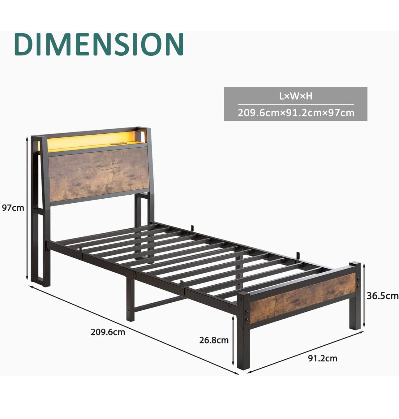 3ft Single Bed Frame with Charging Station and LED Lights, Wood Headboard with Storage Shelves, Heavy Duty Metal Slats, No Box Spring Needed, Noise Free, Easy Assembly,Black