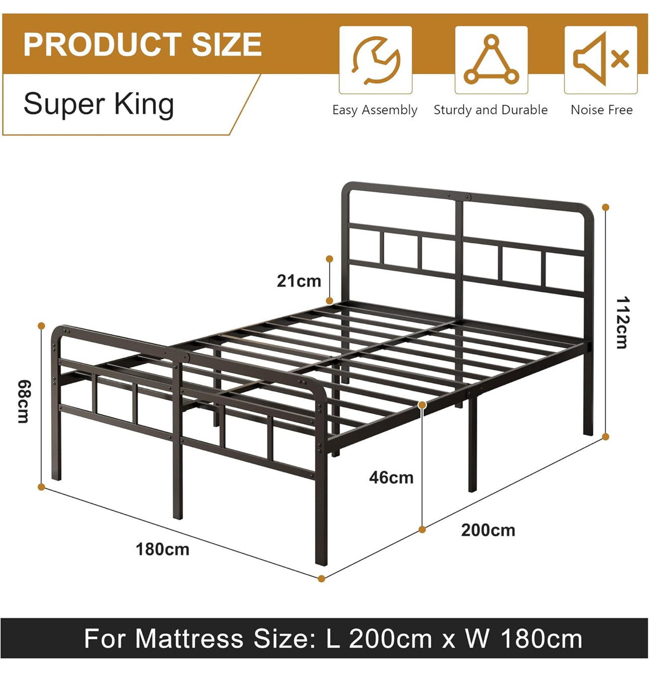 Super King Bed Frame 6ft with Curved Headboard and Footboard, 46cm Height