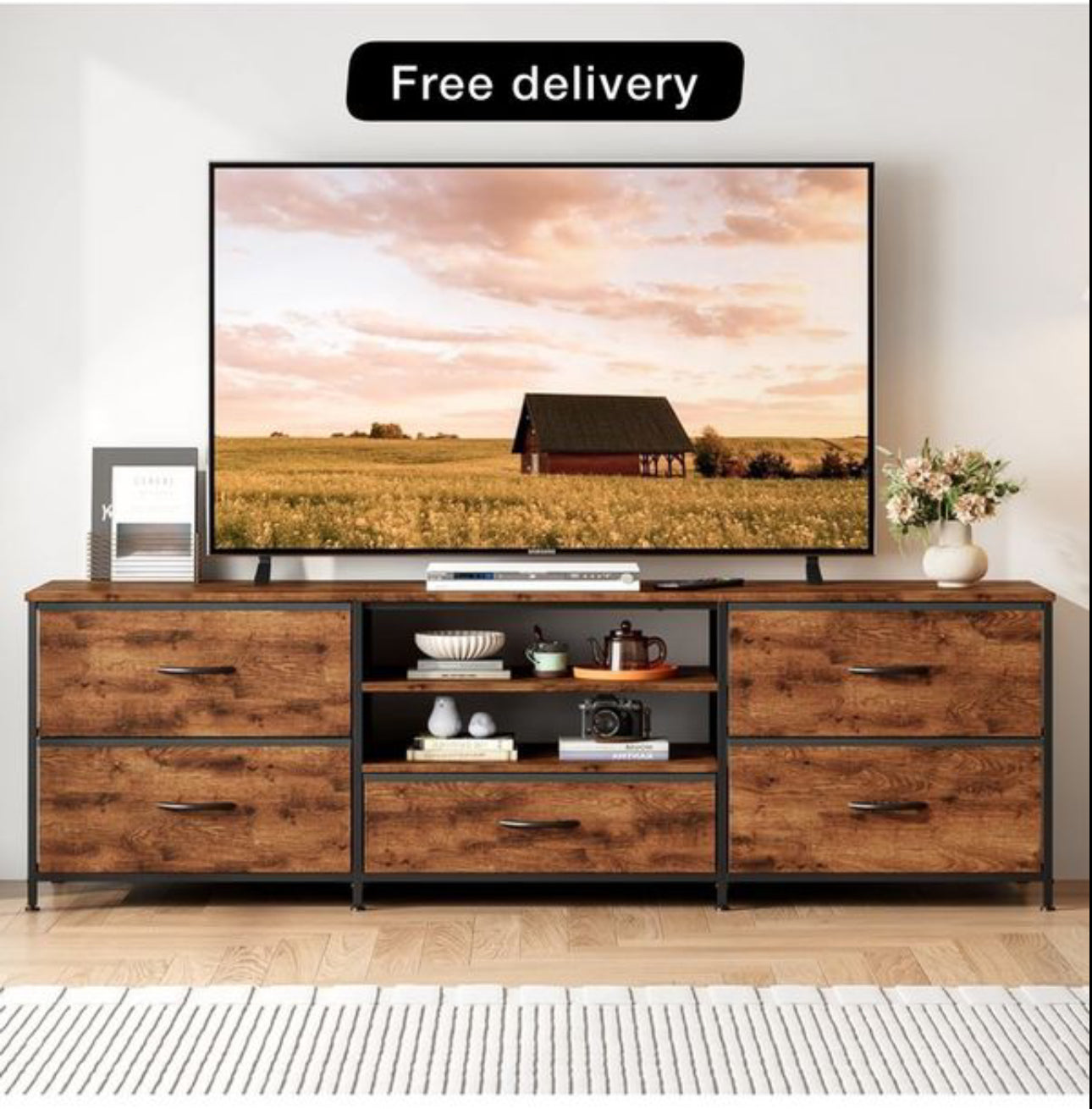 TV Stand Cabinet, TV Unit TV Console Table with 5 Drawers Storage Organizers