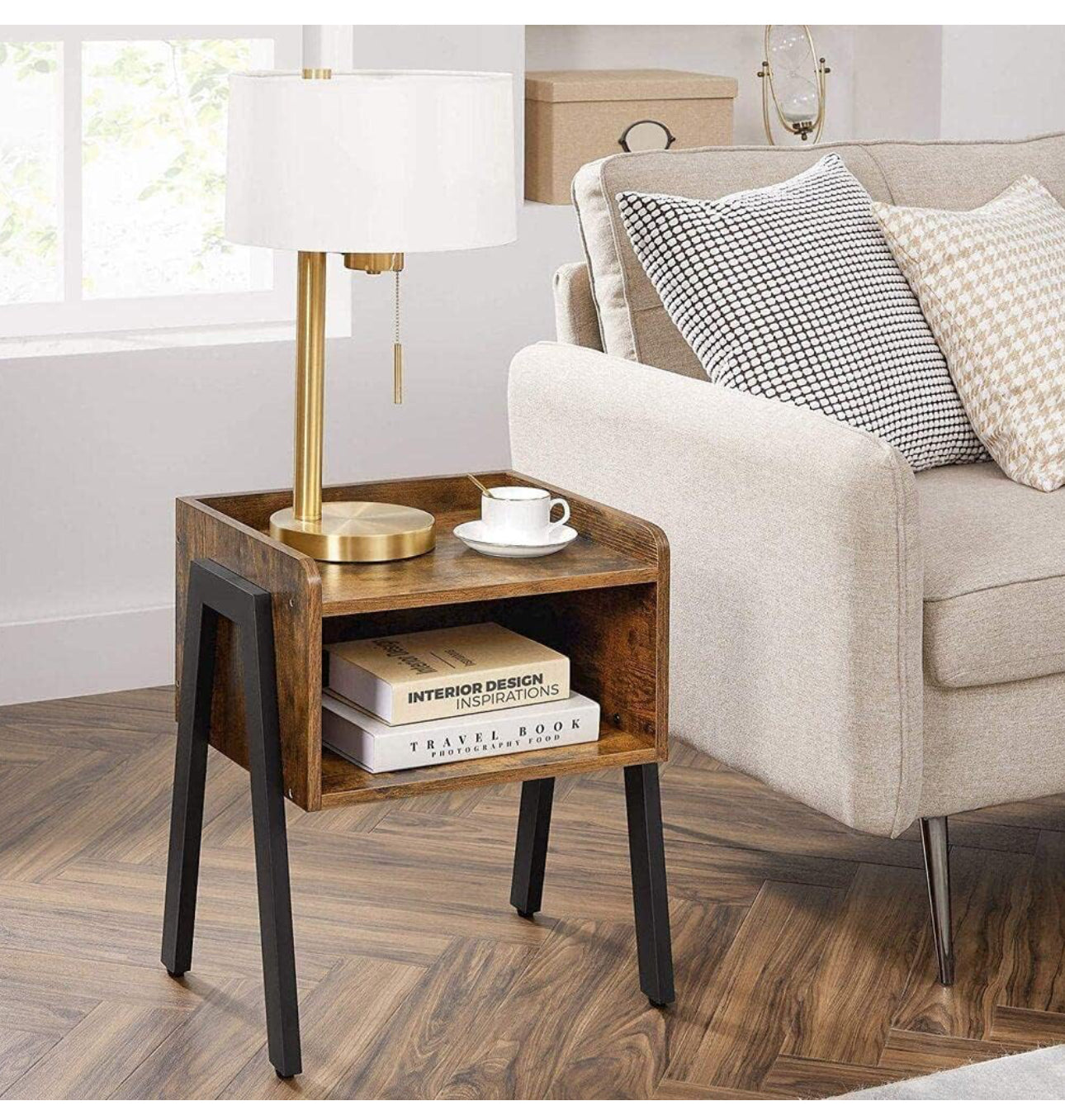 Nightstand, End, Stackable Side, Coffee Table with Open Front Storage Compartment, Retro Rustic Chic Wood Look, Accent Furniture with Metal Legs, Vintage  , 42 x 35 x 52 cm
