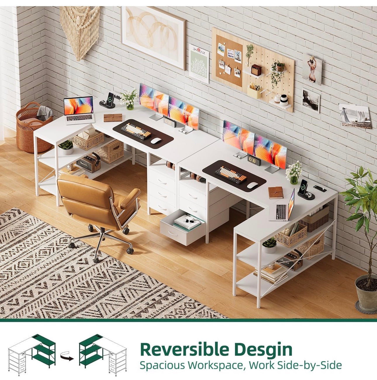 120cm Corner Desk with Drawers, Reversible L shaped Computer Desk with Power Outlet, Home Office Desk with USB Charging Port, White
