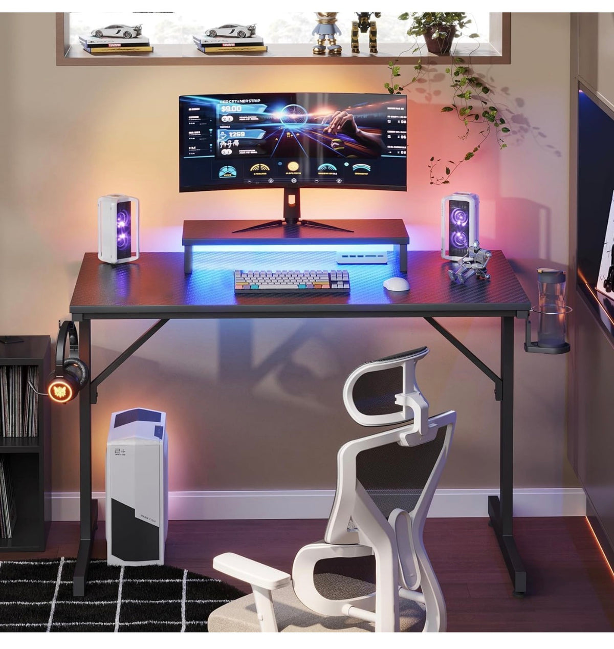 Gaming Desk 106.6 CM LED Computer Desk with Monitor Stand Gamer Workstation with Cup Holder & Headset Hooks for Home Office Bedroom Small Space