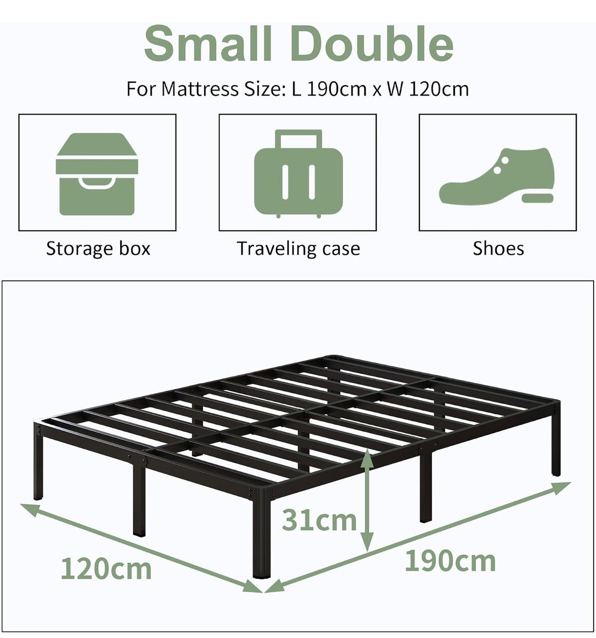 Small Double Bed Frame 30.5 cm High with Rounded Corner Legs, Heavy Duty Metal Bed Frame 4ft with Steel Slats Support, Storage Space Underneath, Noise Free, Easy Assembly, Black