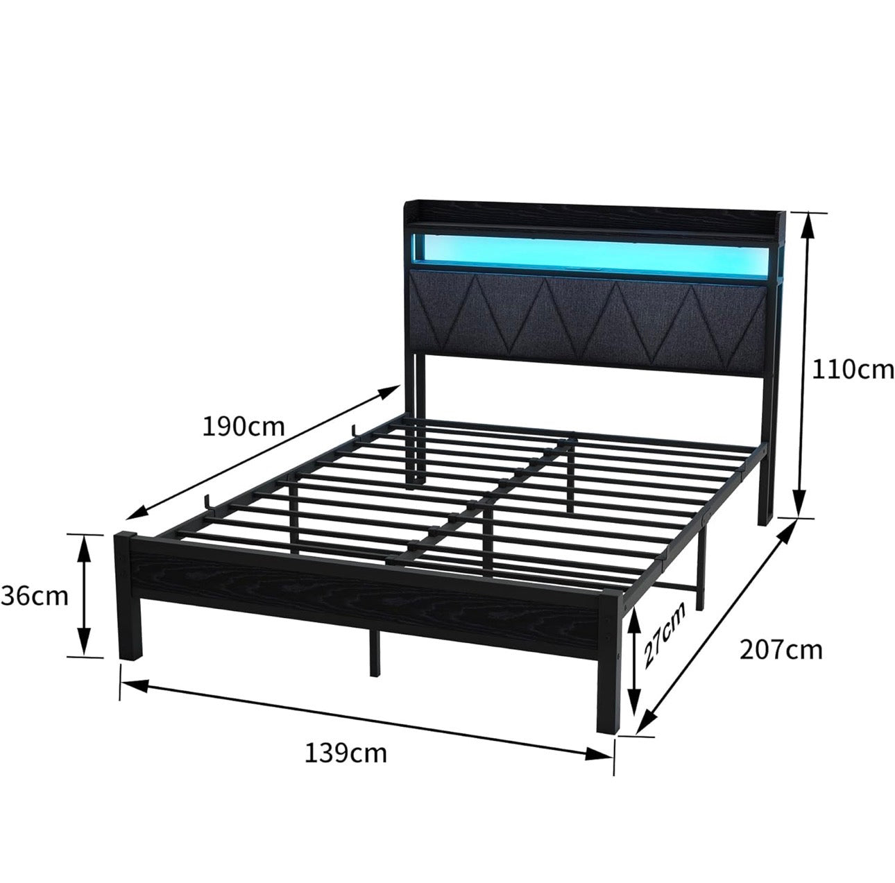 4ft6 Double Size Bed Frame with LED Lighta