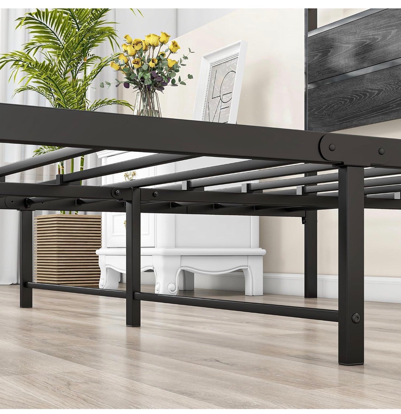 King Size Bed Frame with Wooden Headboard, Metal Bed Frame King size Bed Base/Mattress Foundation,Metal Slat Support Noise Free,Textured Black
