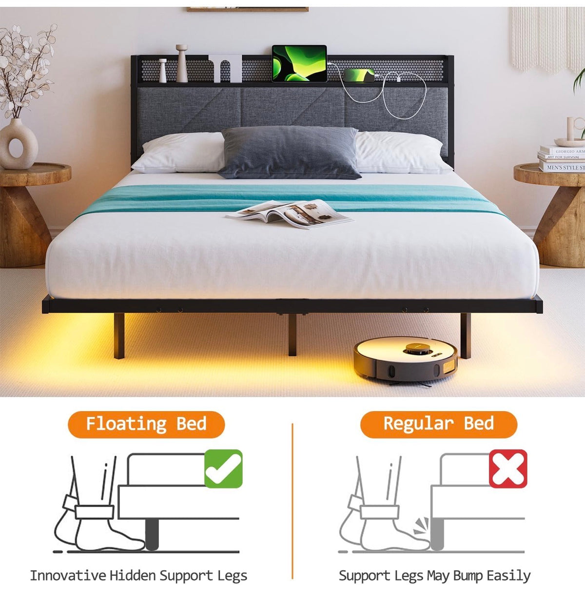 Floating Double Bed Frame with Upholstered Headboard Storage, Black
135x190cm Metal Bed Frame with LED Lights & USB Charging Station, 4ft6 Platform Bed, Heavy Duty Metal Slats, Noise Free