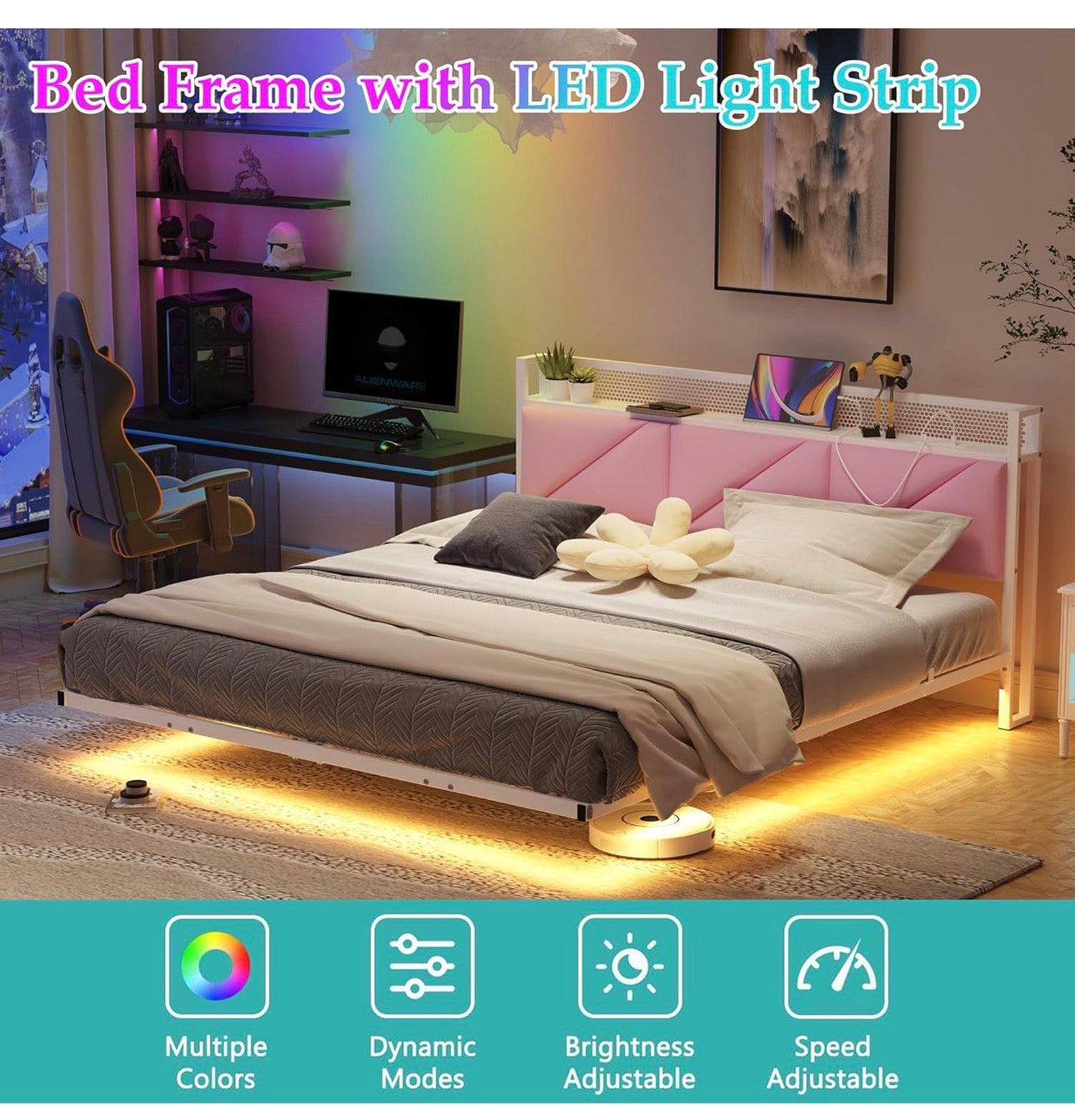 King Size Bed Frame with Floating Upholstered Storage Headboard,Pink
150x200cm Metal Bed Frame with LED Lights & USB Charging, 5ft King Platform Bed, Heavy Duty Metal Slats, Noise Free