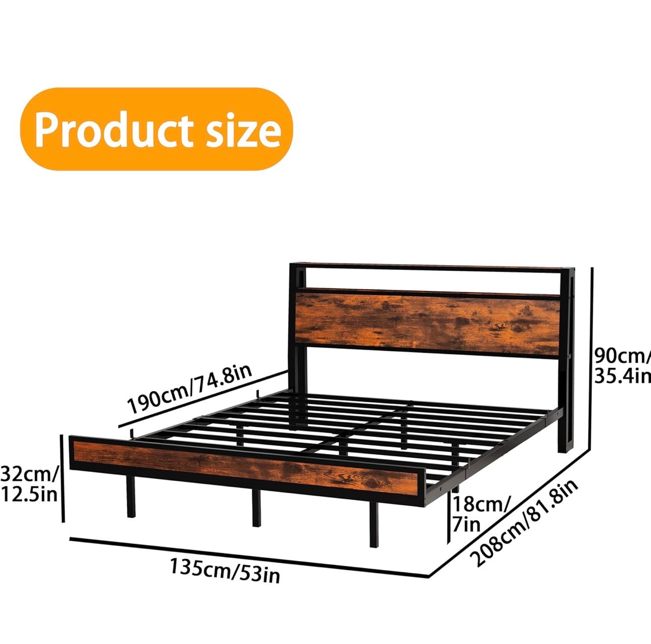 Floating Bed Frame Double Size with Charging Station and LED Lights, Wood Headboard with Storage Shelves