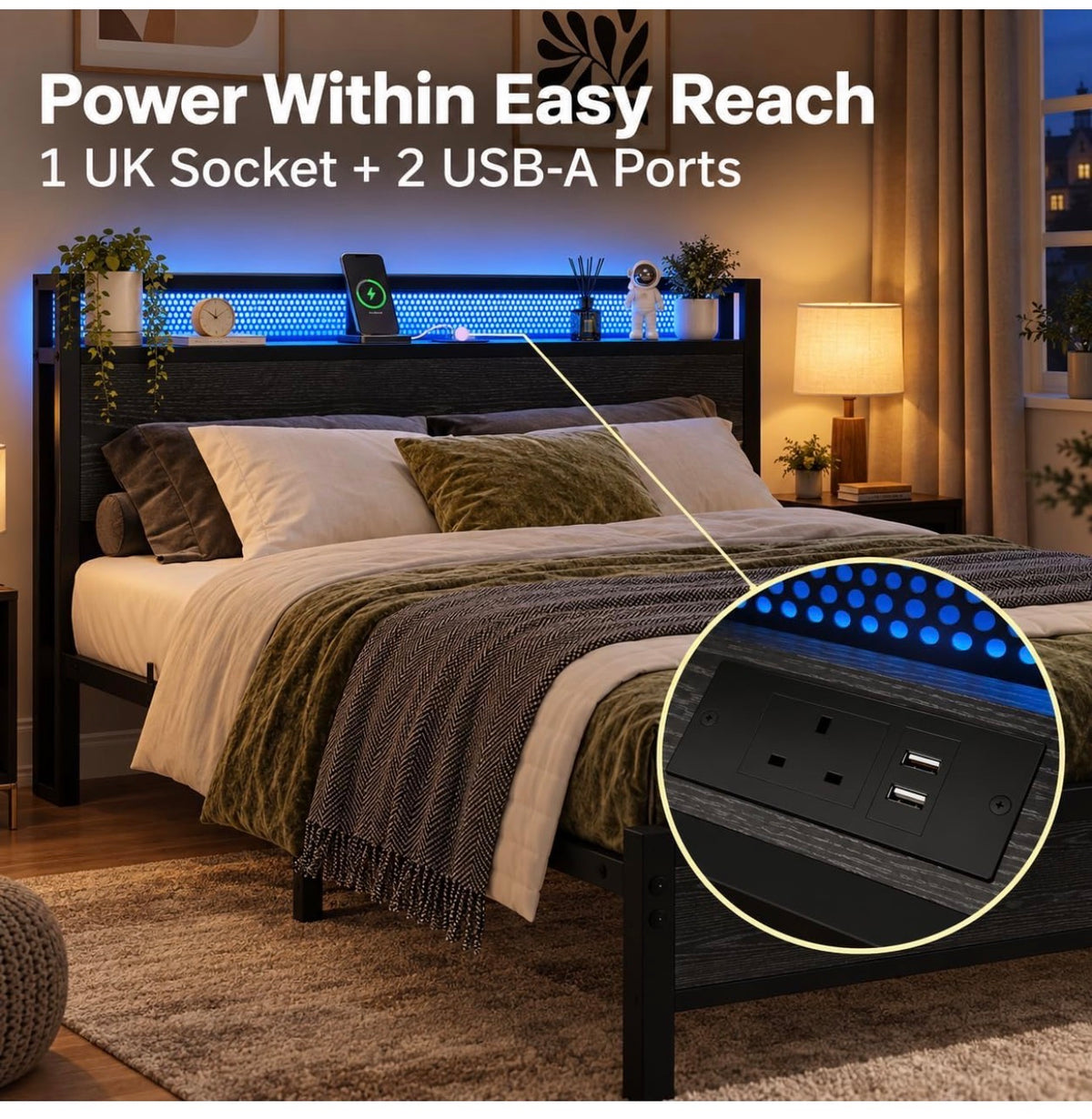 Double Bed Frame with LED Lights Storage Headboard,4ft6 Metal Bed Frame Double Bed with Charging Station,Strong Steel Slats Support,Underbed Storage,Noise Free,Black Bed 135x190cm