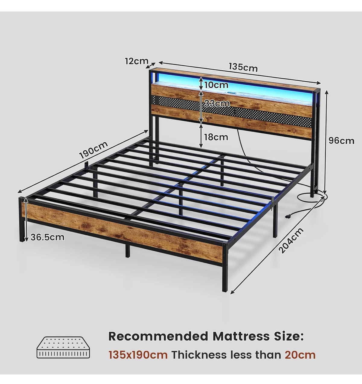 4ft6 Double Bed Frame with Wooden Headboard, Metal Platform Bed Frame with LED Lights and Charging Station,Sturdy Metal Slats Support, UnderBed Storage,Easy Assemble,No Mattress (Double-135x190cm)