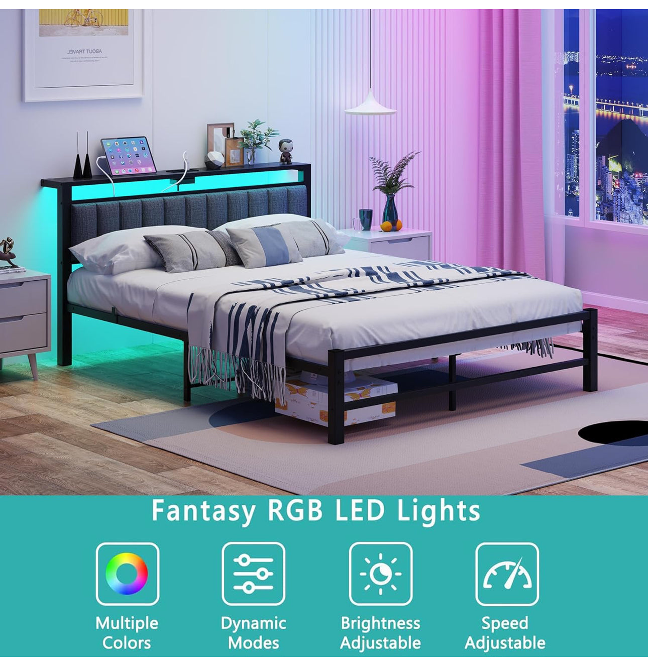 King Size Bed Frame with Storage Headboard, 5ft Upholstered Bed Frame Kingsize with Charging Station and LED Lights