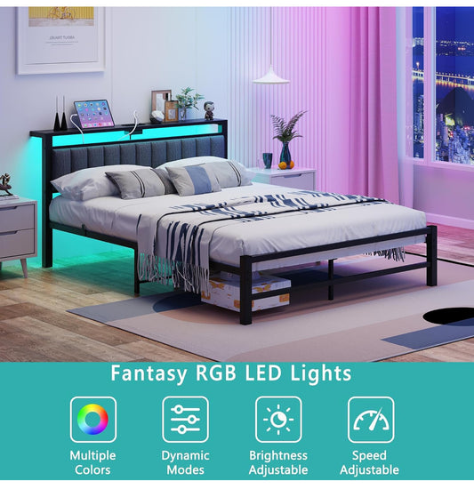 King Size Bed Frame with Storage Headboard, 5ft Upholstered Bed Frame Kingsize with Charging Station and LED Lights