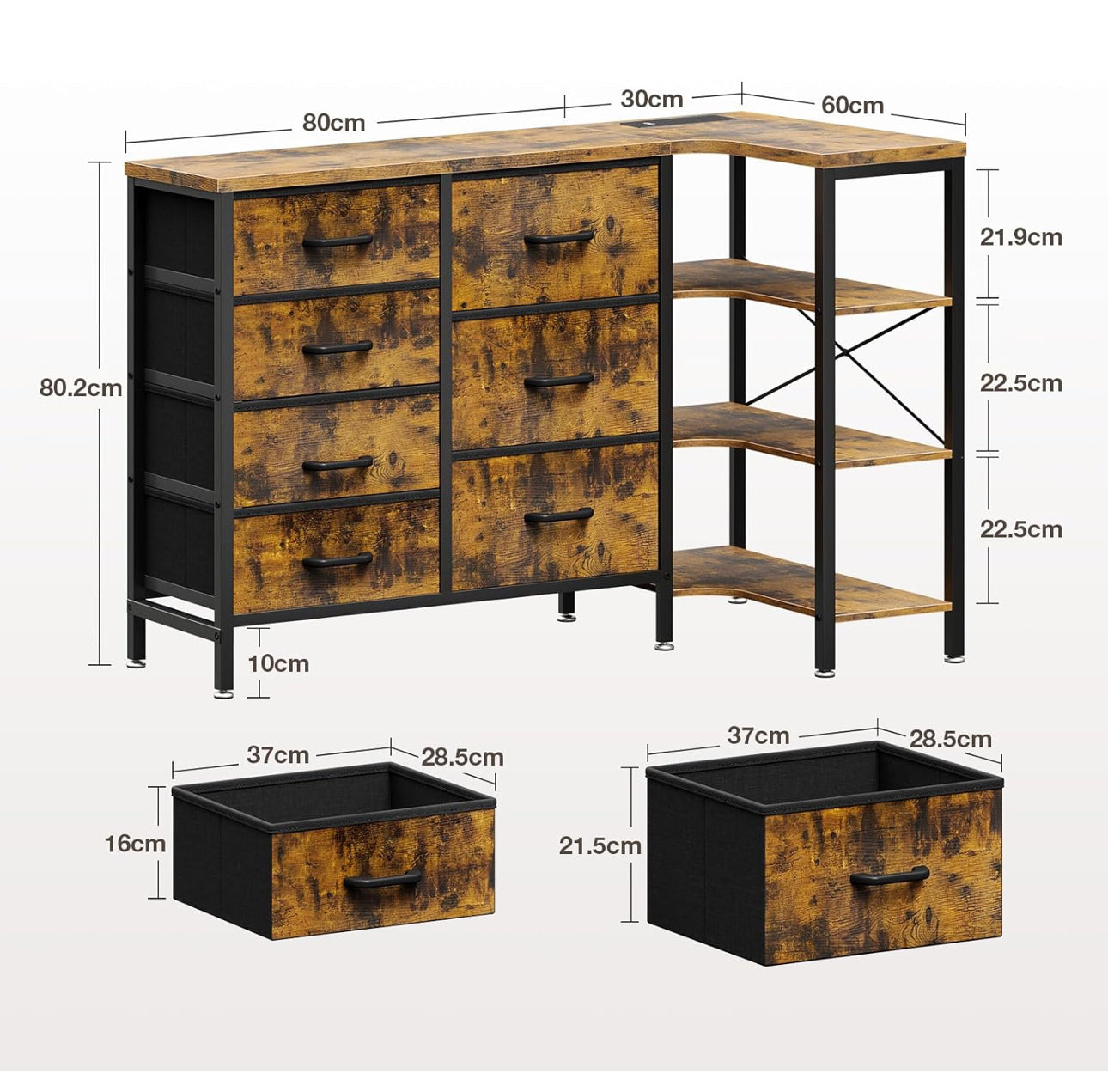 Corner Chest of Drawers Bedroom, Storage Dresser with 7 Fabric Drawers - 2 USB and 2 AC Outlets and LED,