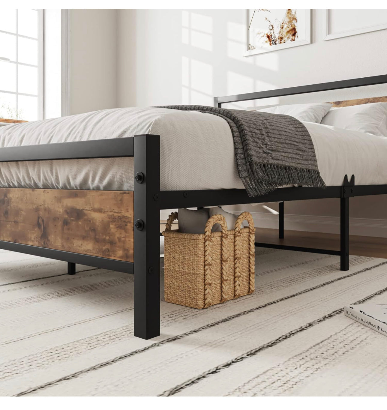 King Size Metal Platform Bed Frame with Wooden Headboard