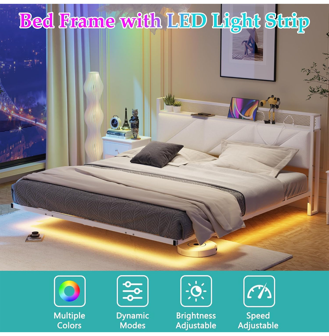 Floating King Bed Frame with LED Lights & USB Charging