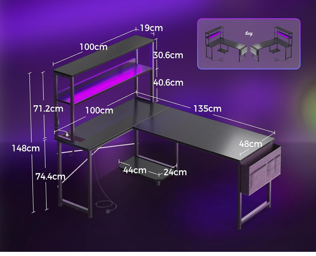 L Shaped Gaming Desk with LED Lights & Power Outlet, 135 × 100 cm