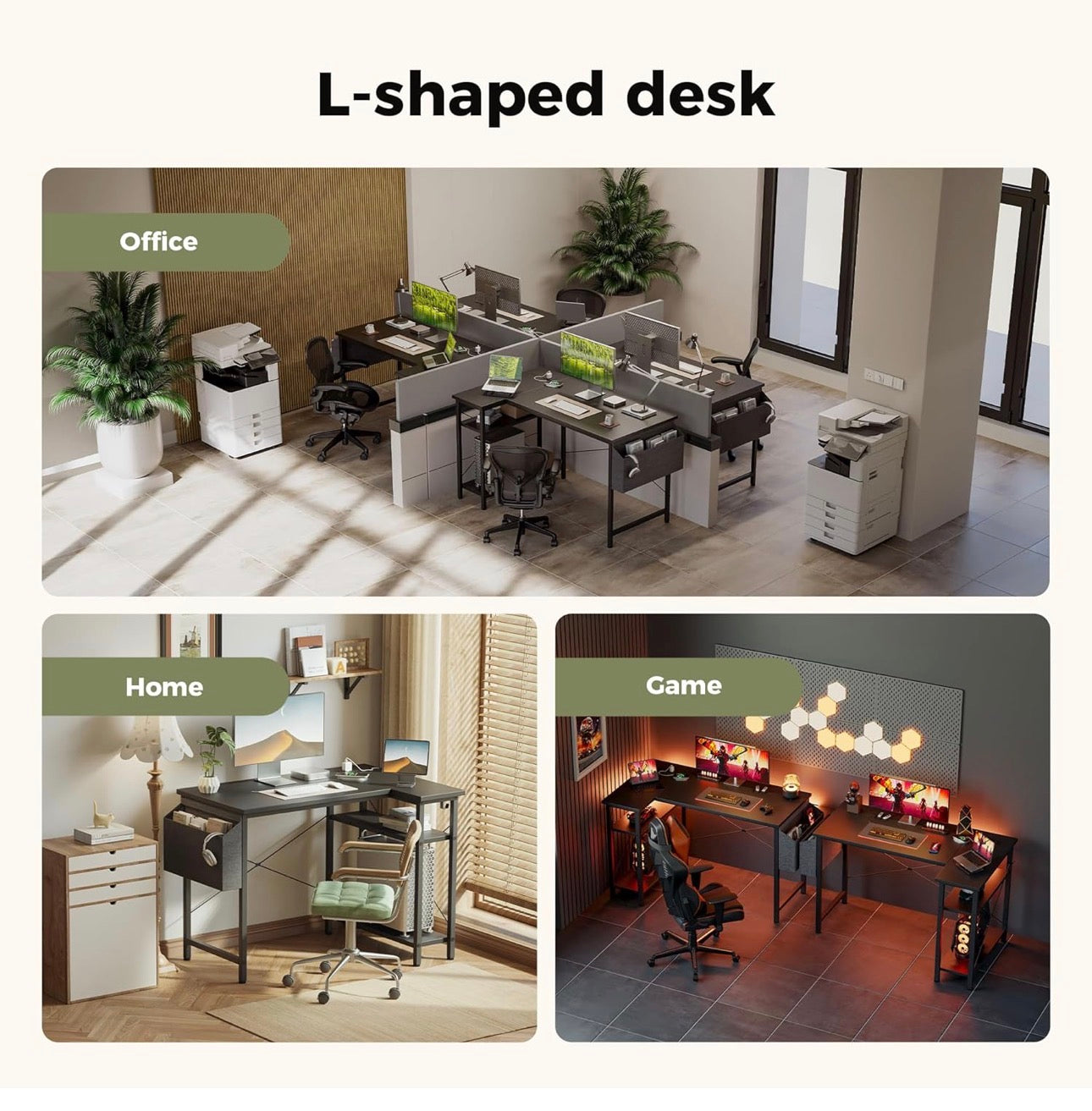 L Shaped Desk with Power Outlets,100 cm L Computer Corner Desks with Reversible Shelves
