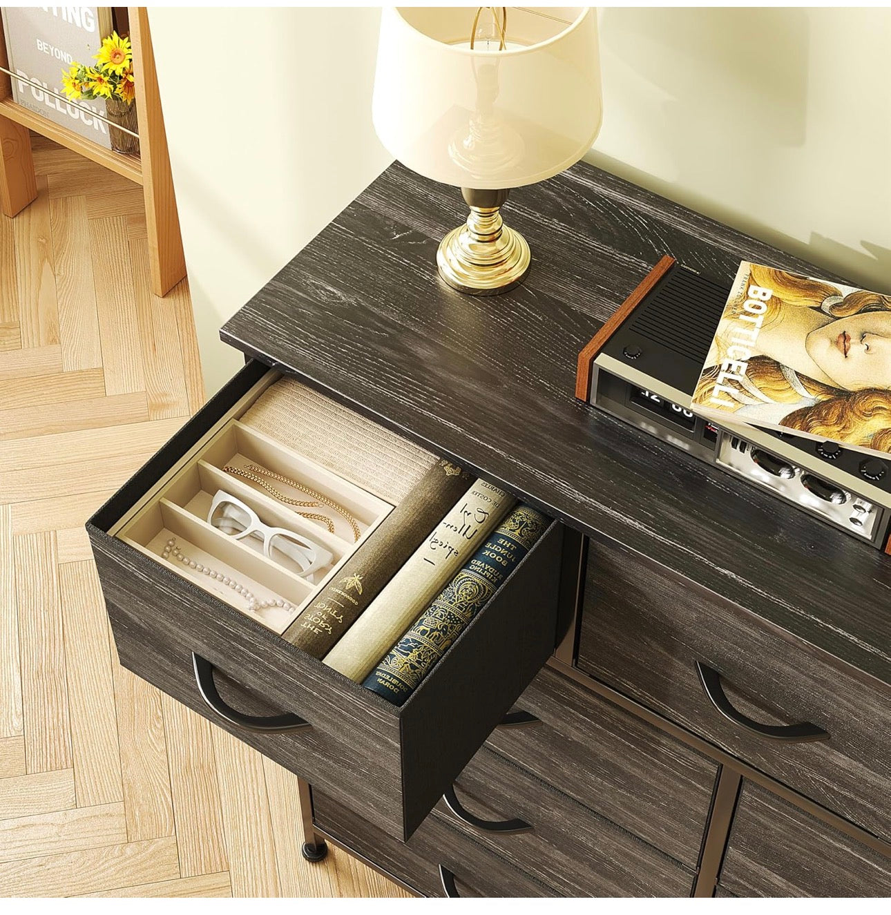 Chest of Drawers,Dresser for Bedroom with 9 Drawers,Fabric Dresser with Wood Top and Handles Metal Frame, Easy to Assemble, for Bedroom, Living room, Charcoal Black