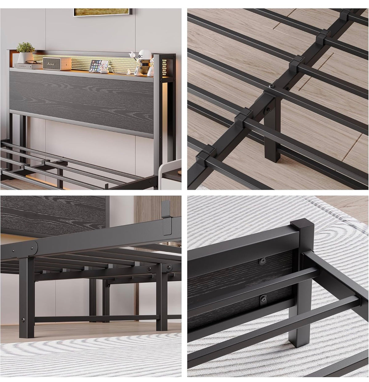 Double Bed Frame with LED Lights Storage Headboard,4ft6 Metal Bed Frame Double Bed with Charging Station,Strong Steel Slats Support,Underbed Storage,Noise Free,Black Bed 135x190cm