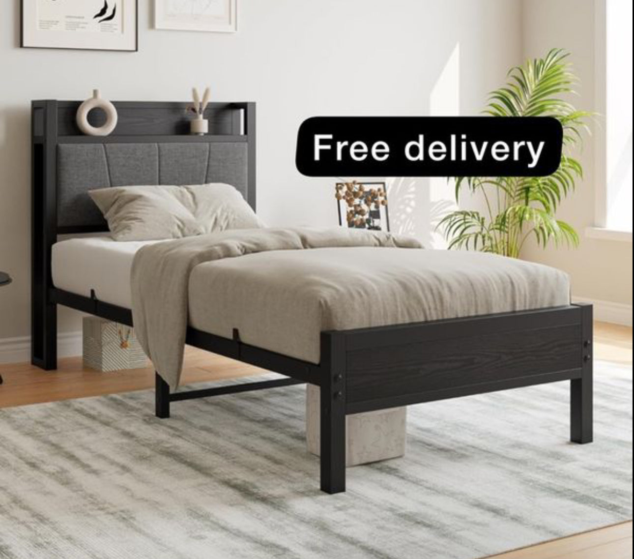 3ft Single Bed Frame with Storage Headboard