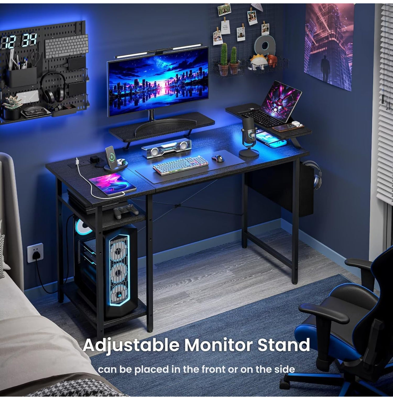 Gaming Desk with LED Lights &amp; Power Outlets Black